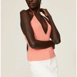 GAUGE81 Moura Plunge Top Women Small Ribbed Knit Halter Orange Viscose Blend